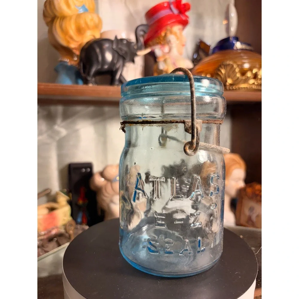 Vintage Atlas E-Z Seal Aqua Blue Glass Canning Jar with Lid and Wire Bail